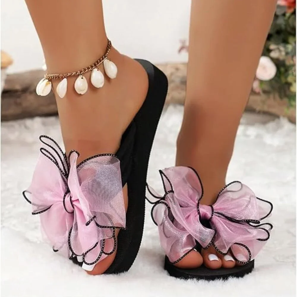Women's Bow Flip Flops Beach Flats Sandals - Picture 2 of 5
